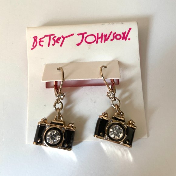 Betsey Johnson Royal Engagement Drop Earrings Gold Tone Rhinestone Black Enamel - Picture 3 of 13